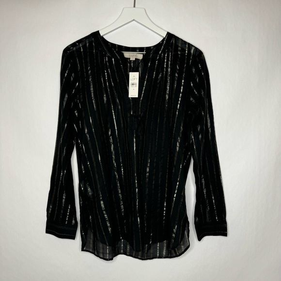 NWT LOFT Black Metallic Long Sleeve Blouse Top - Picture 1 of 3